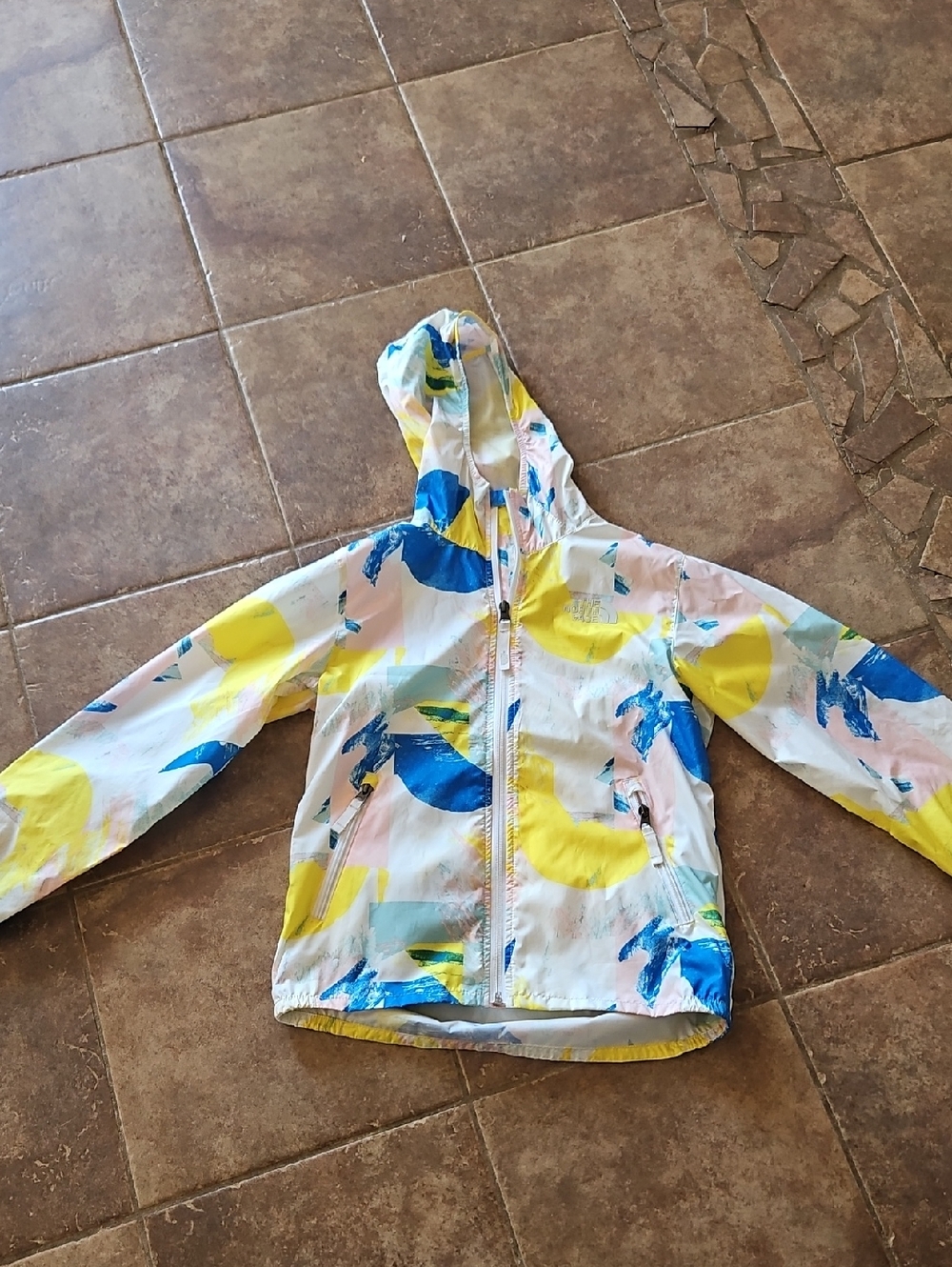The North Face Kids Hooded Rain Jacket - White with Yellow & Blue Print